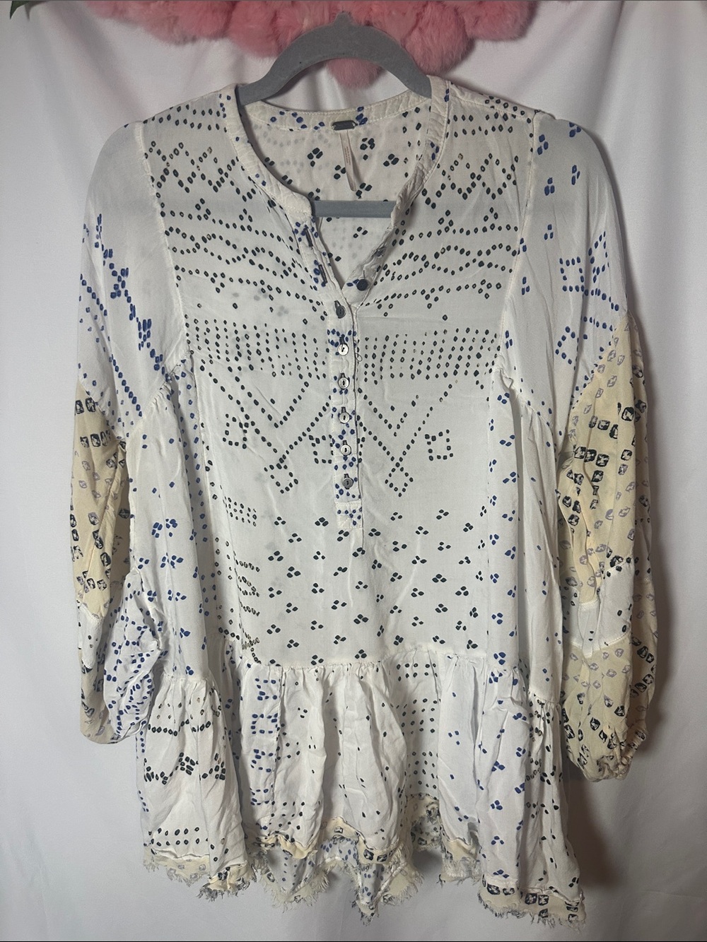 Free People White Tunic with Blue Dot & Cream Sleeve Panels